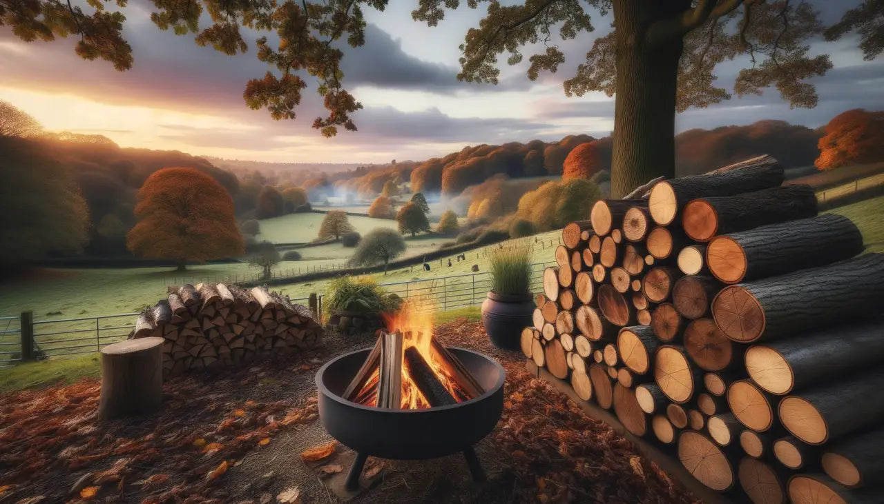 photo capturing a tranquil autumn scene in the English countryside. In the scene's heart, a well-organized stack of split firewood stands