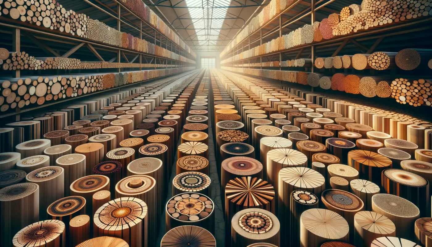 Vast collection of intricately patterned wooden cylinders and logs for drying time calculation