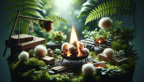 Miniature campfire scene with moss, ferns, and tiny camping gear for eco-friendly fire starters