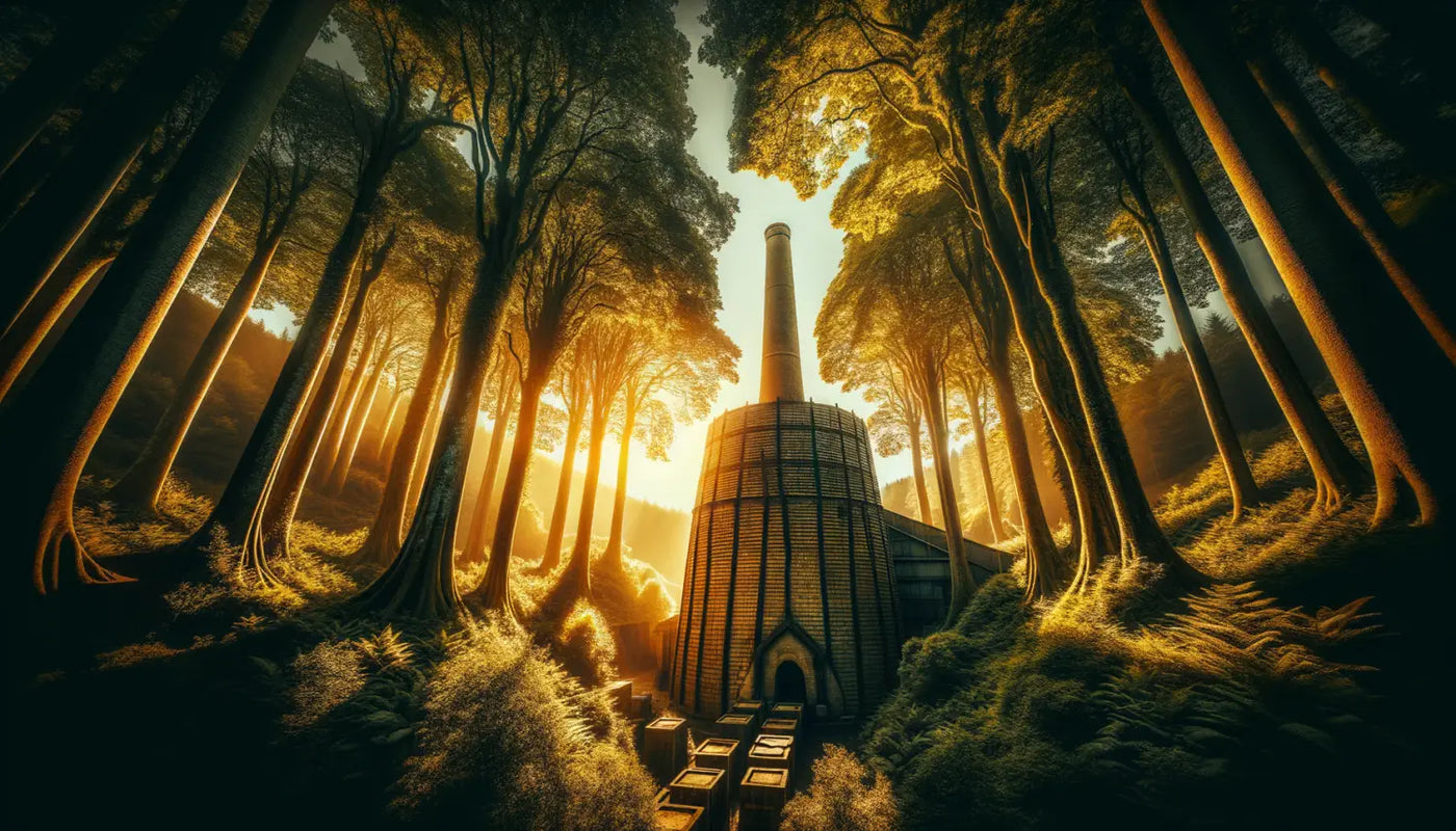 Cylindrical kiln with tall chimney surrounded by trees in golden sunlight