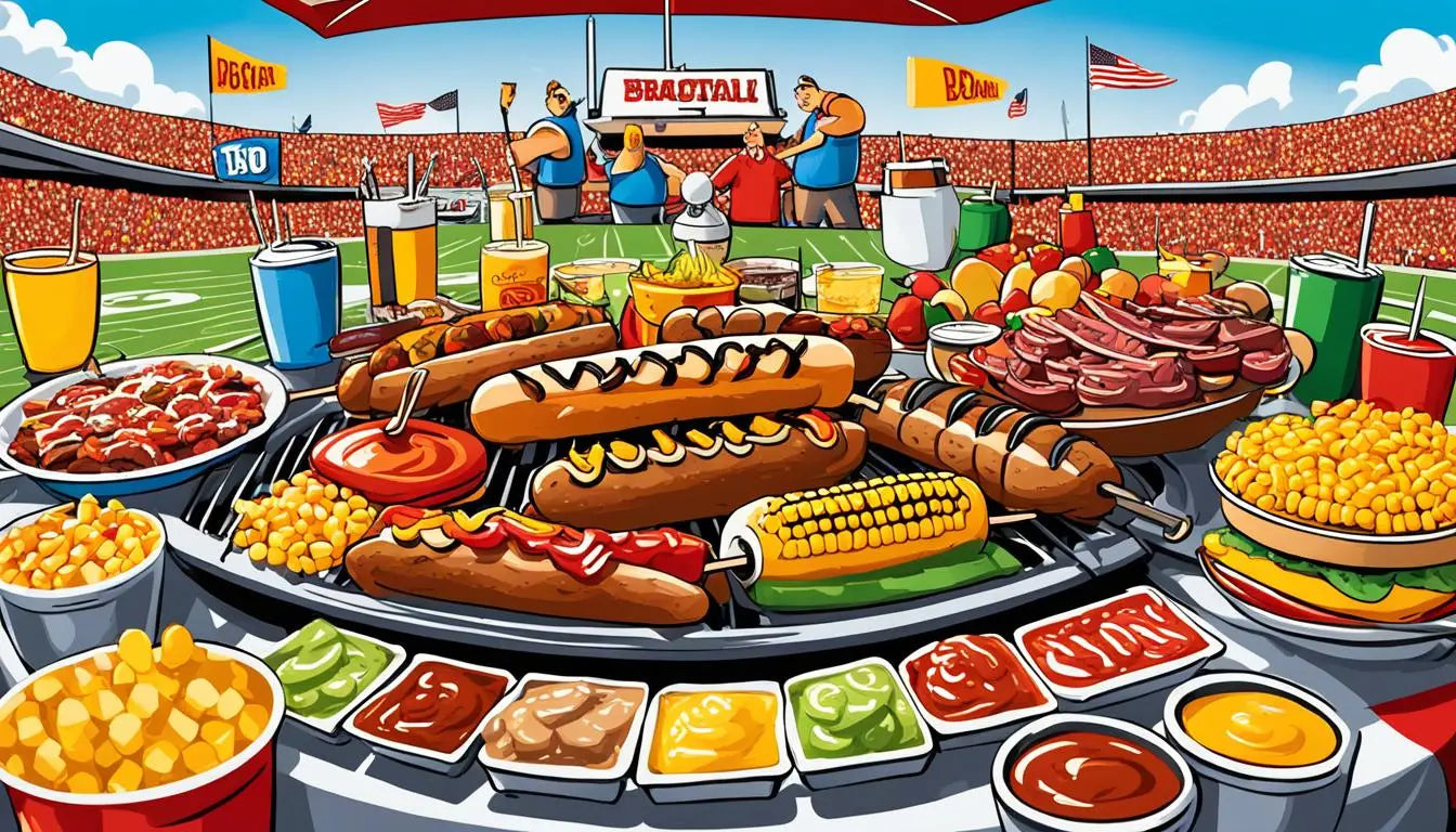 Colorful American stadium foods and snacks at a sports event tailgating table