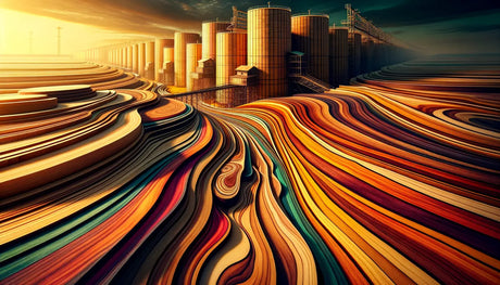 Surreal industrial landscape featuring colorful ribbons and cylindrical storage silos