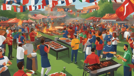 Colorful outdoor community barbecue with people enjoying food at FA Cup Final party