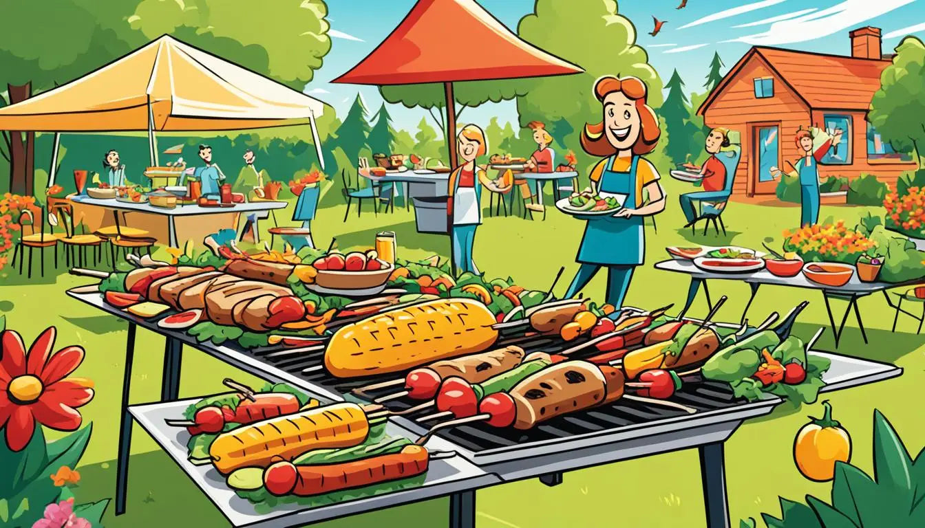 Barbecue grill with sausages, vegetables, and bread for National Vegetarian Week.