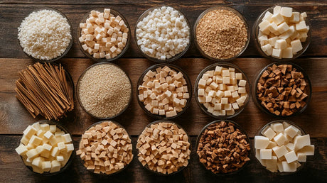 Various types of sugar and sweeteners in bowls on a wooden surface