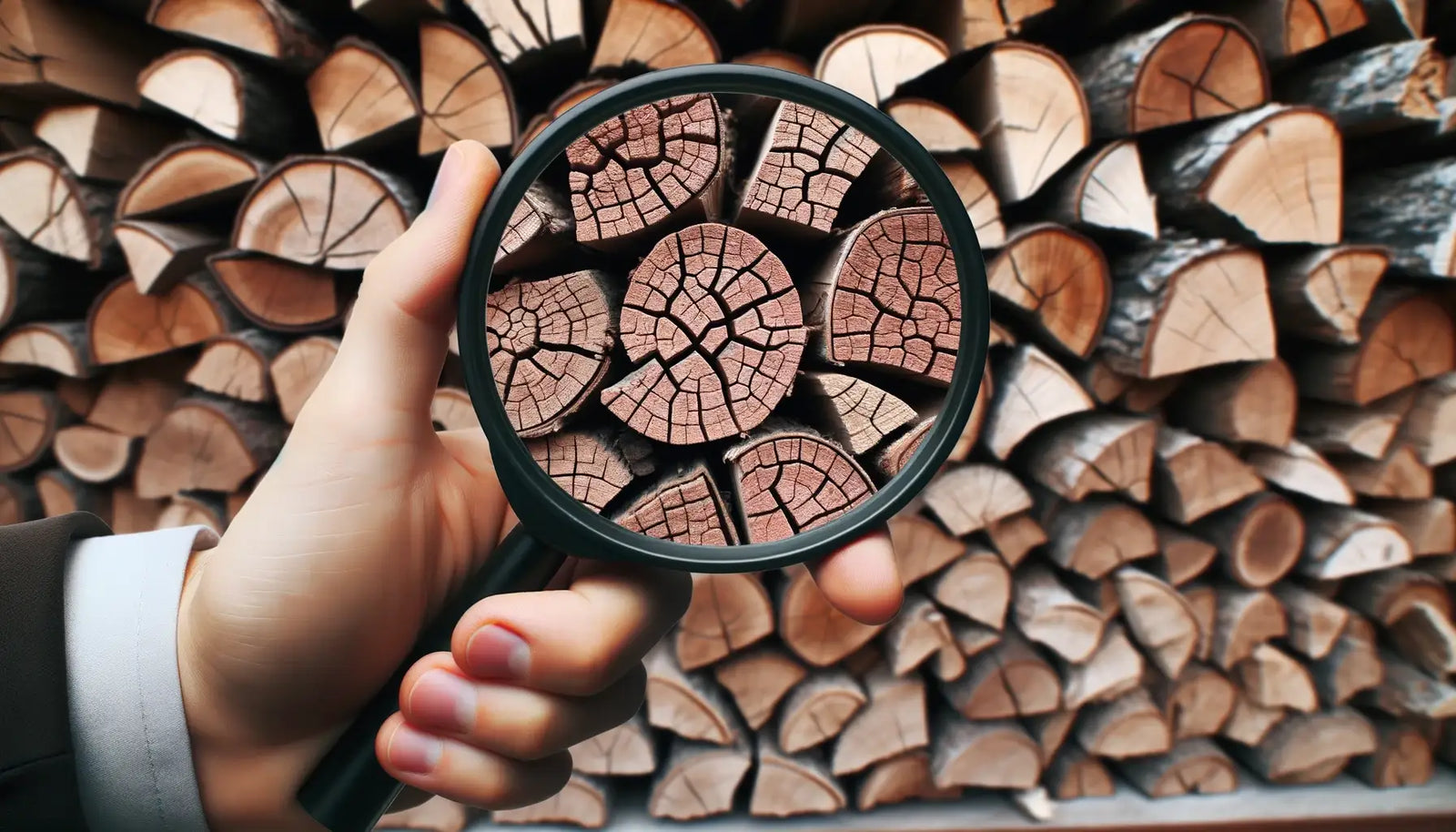 Magnifying glass revealing detailed grain patterns and rings in firewood stack