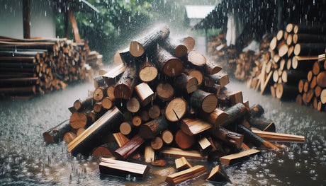 Pile of chopped firewood logs soaking in heavy rain outdoors