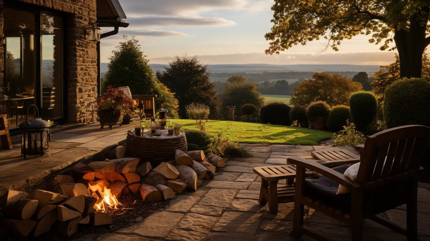 Cozy outdoor patio with stone firepit and wooden furniture overlooking countryside view