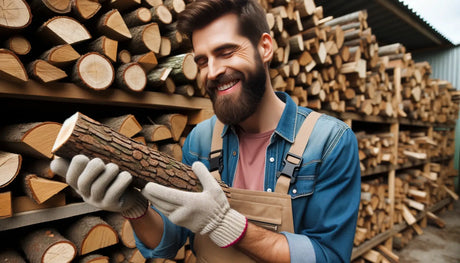 Bearded man holding wood in front of stacked firewood for seasoning article.