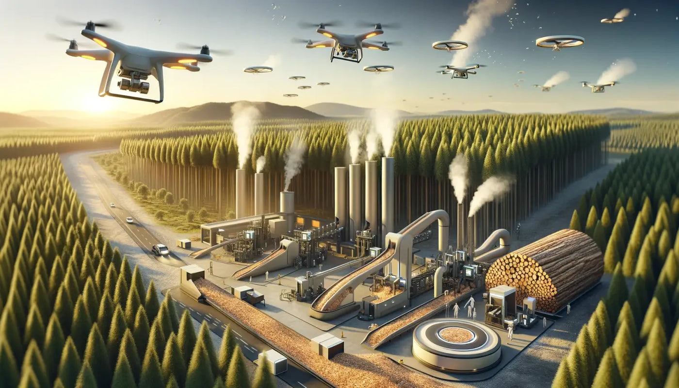 Futuristic industrial facility with crops and drones in The Future of Wood Fuels article