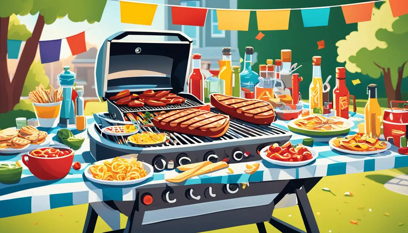 Barbecue grill filled with gourmet foods, drinks, and side dishes for Game Day celebrations.