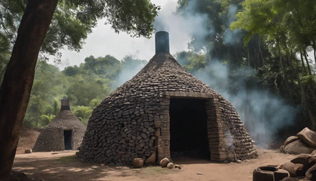 Stone hut with a conical thatched roof and chimney in charcoal article illustration