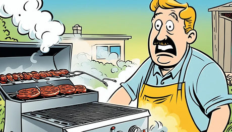 Cartoon man with a mustache surprised while grilling burgers at a BBQ.