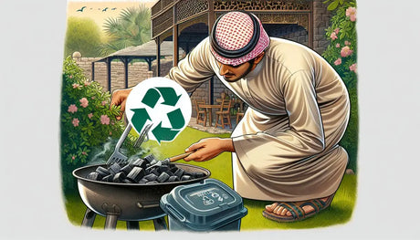 Man In Middle Eastern Attire Grilling Charcoal With a Recycling Symbol In Eco-grilling Article.