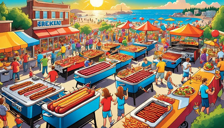 Bustling outdoor food market with grills and stalls by the beach for a vibrant feast.