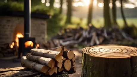 Wood-burning stove with glowing fire and stacked firewood for eco-friendly warmth.