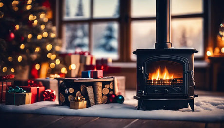 Wood-burning stove with a glowing fire inside for cozy holiday ambiance