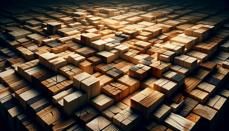 Collection of wooden blocks with varied heights and textures in a grid pattern.