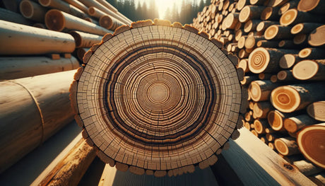 Cross-section of a tree trunk highlighting growth rings for kiln drying quality analysis.