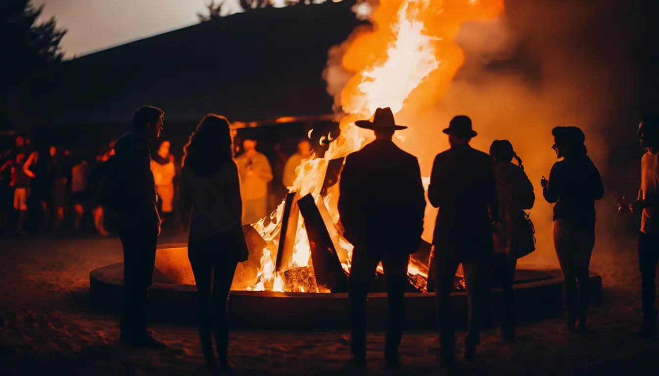 Bonfire Surrounded By Silhouetted People At Night, Featured In ’kiln Dried Wood Delivery Update’.