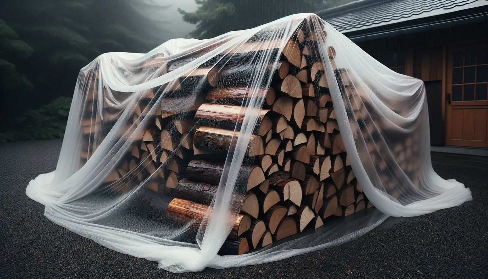 Stack of firewood covered by a translucent plastic sheet for protection against moisture