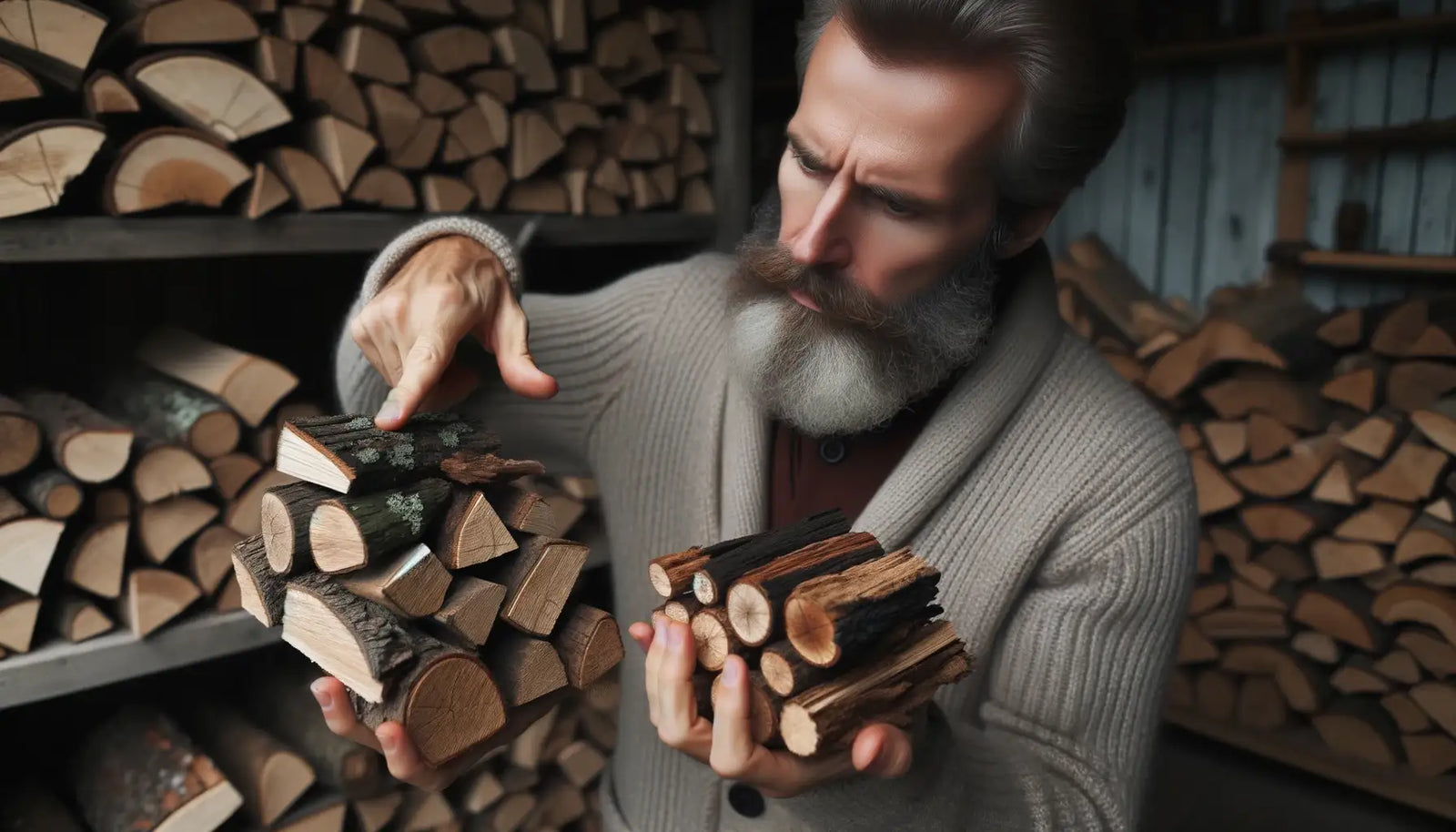 Bearded man holding chopped kiln dried firewood logs for burning.