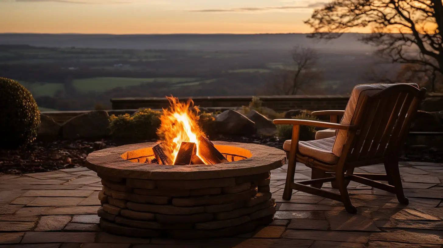 Circular stone fire pit with blazing fire on patio beside wooden chair in Swansea.