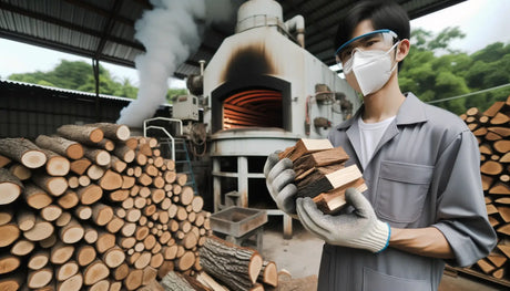 Wood-fired kiln with firewood stacks, highlighting kiln dried wood benefits for health