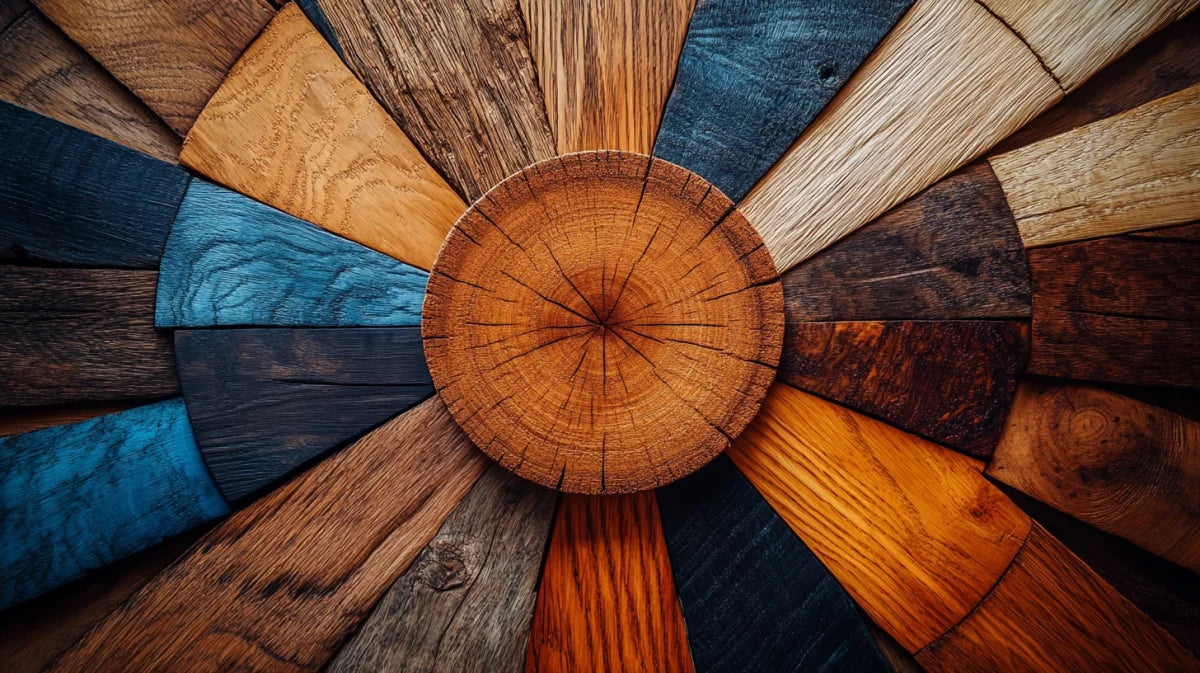 Circular arrangement of colorful kiln dried wood pieces showcasing unique grain patterns