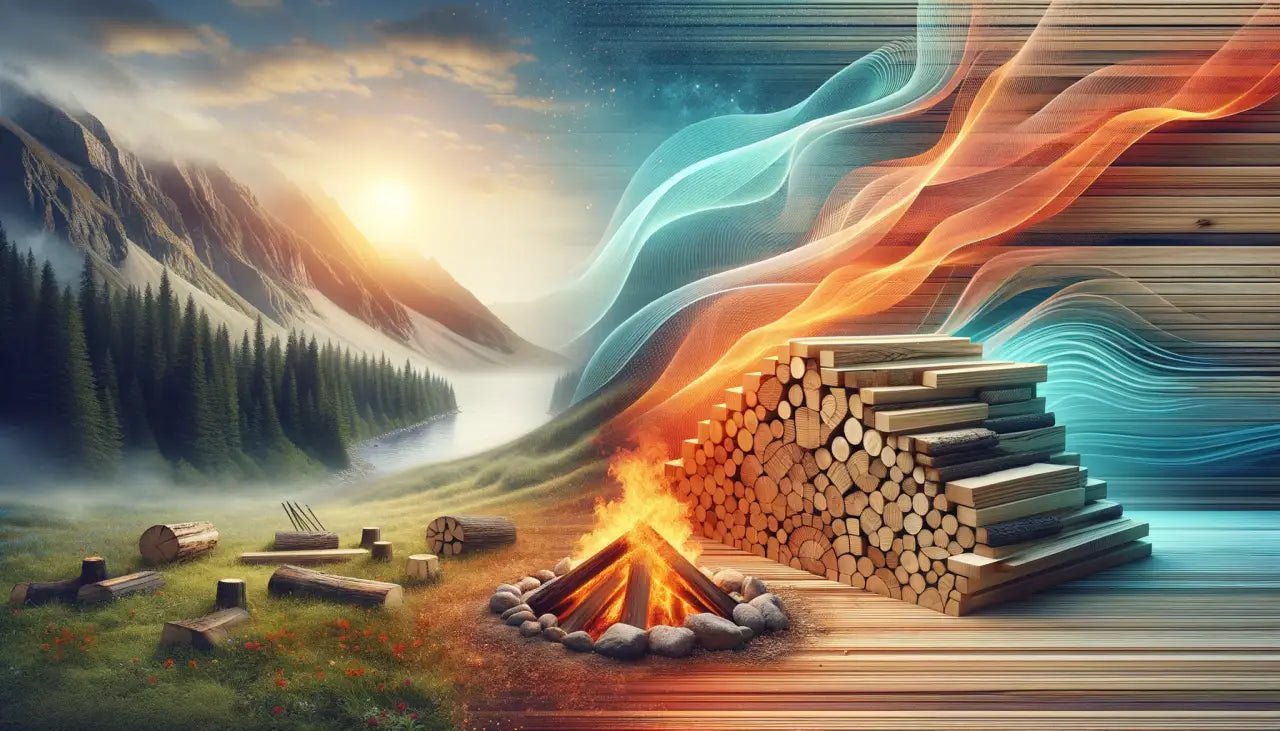 Campfire in mountains with colorful energy streams and stacked logs around it.