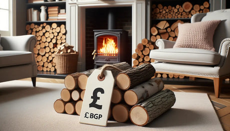 Bundle of firewood logs with a price tag in British pounds for kiln dried wood article