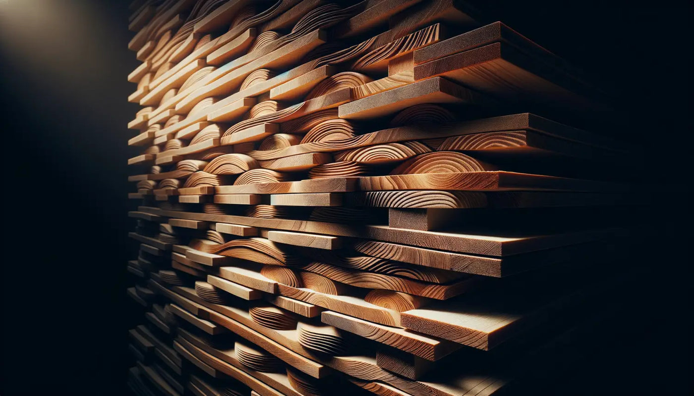 Stack of kiln-dried Ash wood planks and curved pieces showcasing natural grain patterns