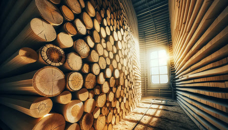 Stack of cut beech wood logs with tree rings forming an artistic wall background.