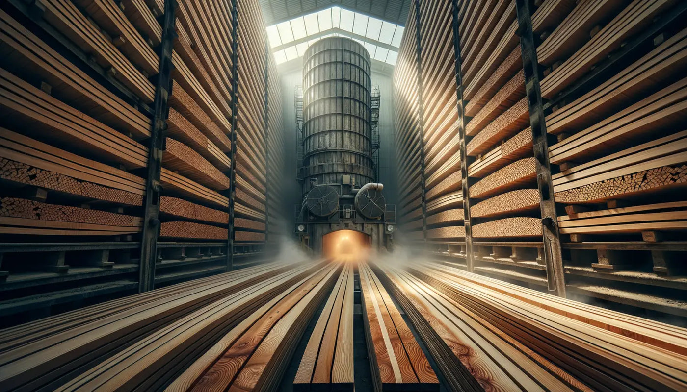 Cylindrical industrial kiln drying cedar wood planks in an industrial setting.