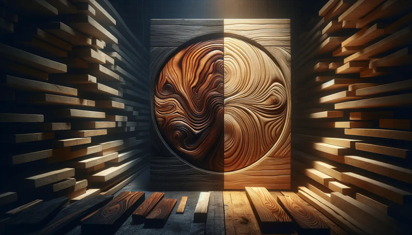 Circular wooden artwork showcasing contrasting light and dark halves with swirling patterns