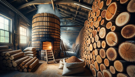 Wooden barrel with glowing interior used for brewing or distilling in article on Kiln Drying Hickory