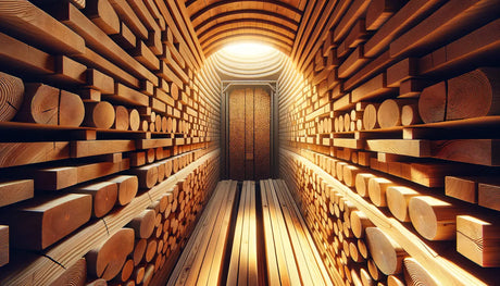 Wooden hallway lined with stacked lumber leading to closed door in Kiln Drying Pine article