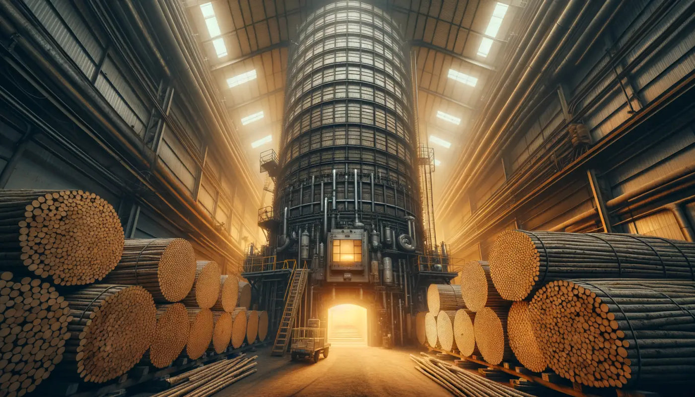 Cylindrical industrial tower and stacks of logs in warehouse for kiln drying Poplar