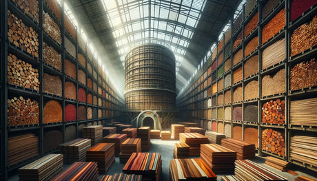 Massive cylindrical wooden kiln surrounded by colorful wood shelves in drying article