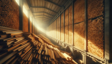 Stacks of wooden planks in a warehouse for kiln drying spruce wood processing.