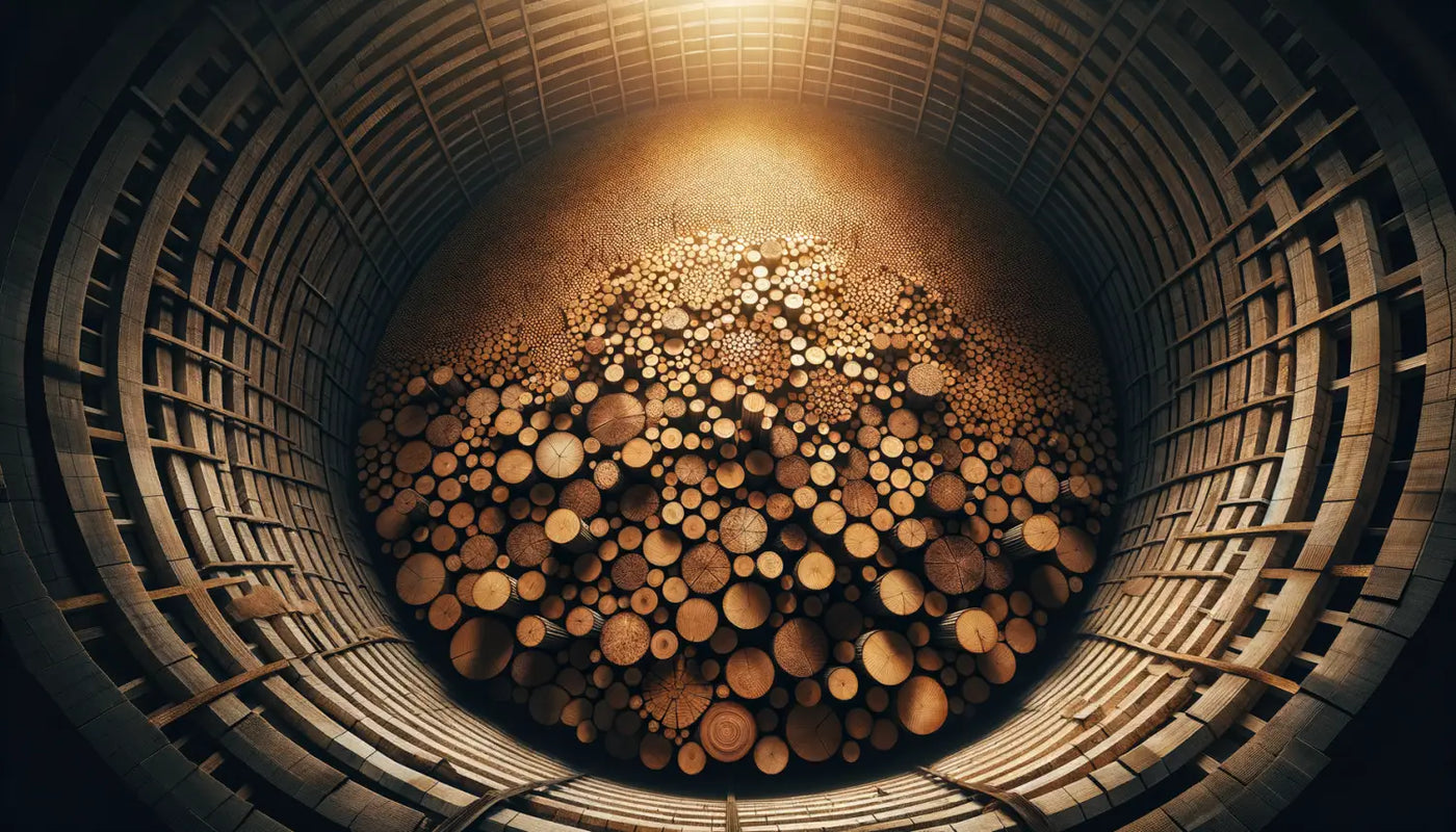 Pile of wooden logs and tree trunk cross-sections for kiln drying Walnut wood.