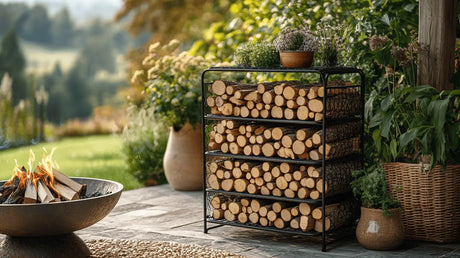 Stacked firewood rack with four compartments filled with kiln-dried chopped logs