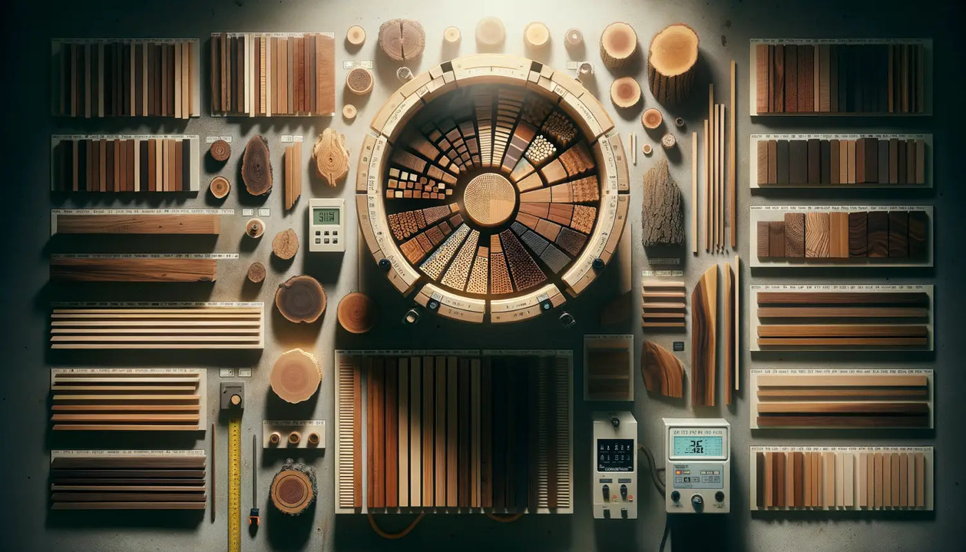 Circular wooden color palette with wood samples and tools for Kiln Drying.