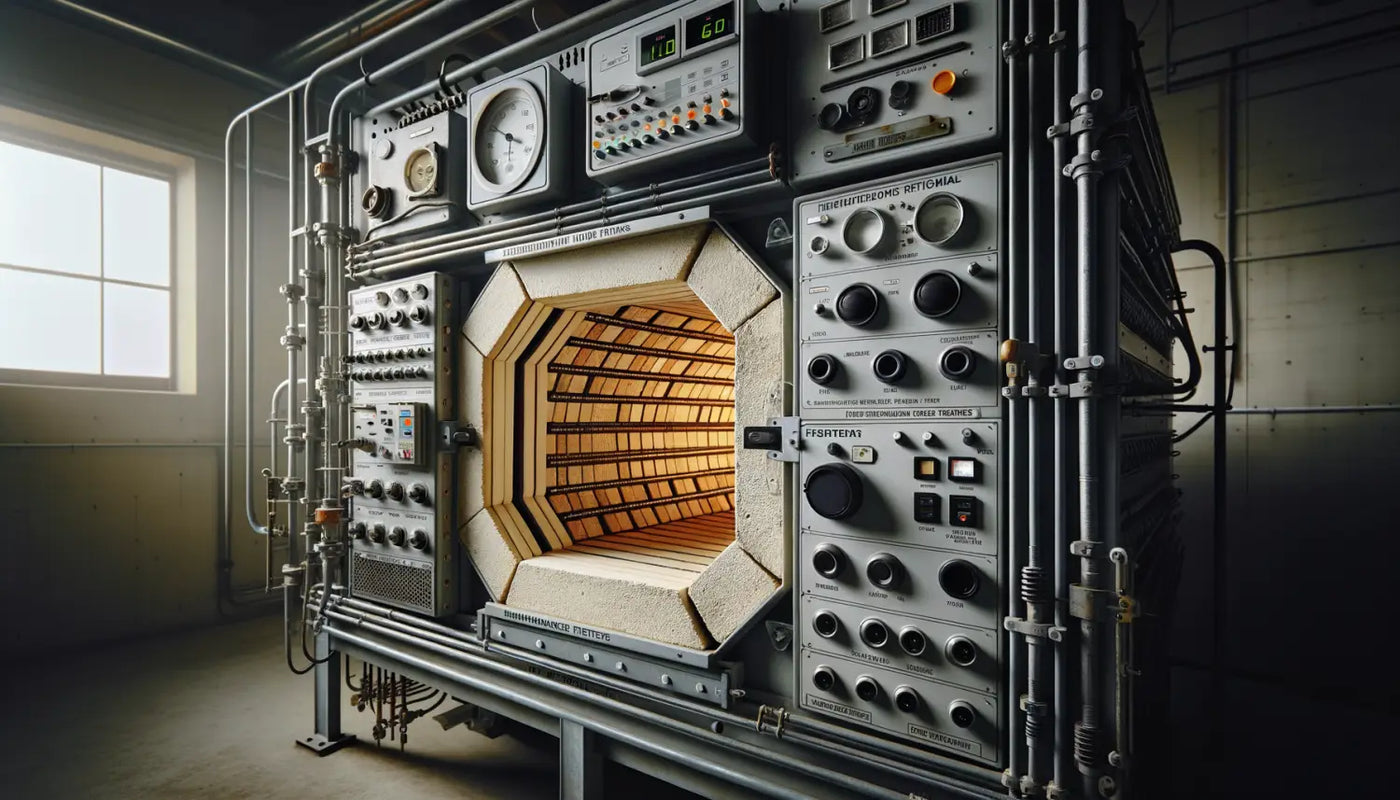 Complex control panel with octagonal portal, gauges, and displays for kiln maintenance.