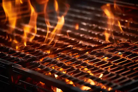 Flaming grill grate with fire showcasing perfect BBQ charcoal burn technique.