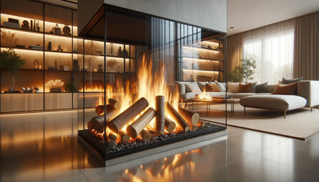 Modern glass-enclosed fireplace with burning kiln dried ash logs and flames.