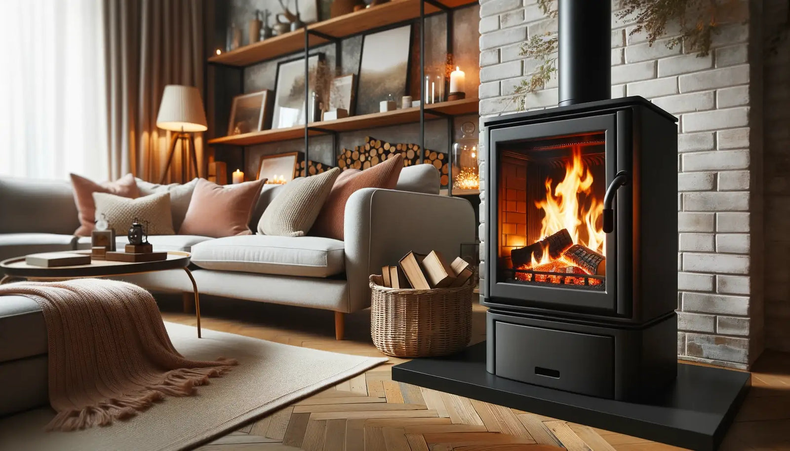 Wood-burning stove with glass door displaying a roaring fire and warmth.