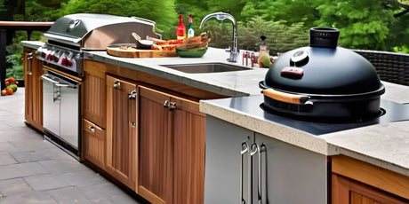 Sustainable Outdoor Kitchen With Built-in Grill, Sink, And Dome-shaped Barbecue.