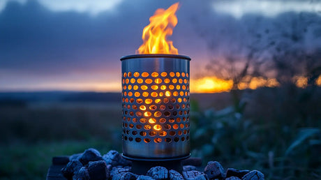 Metal fire pit with circular holes emitting bright flame for outdoor cooking ambiance