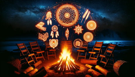 Glowing Native American symbols above a campfire with surrounding chairs.